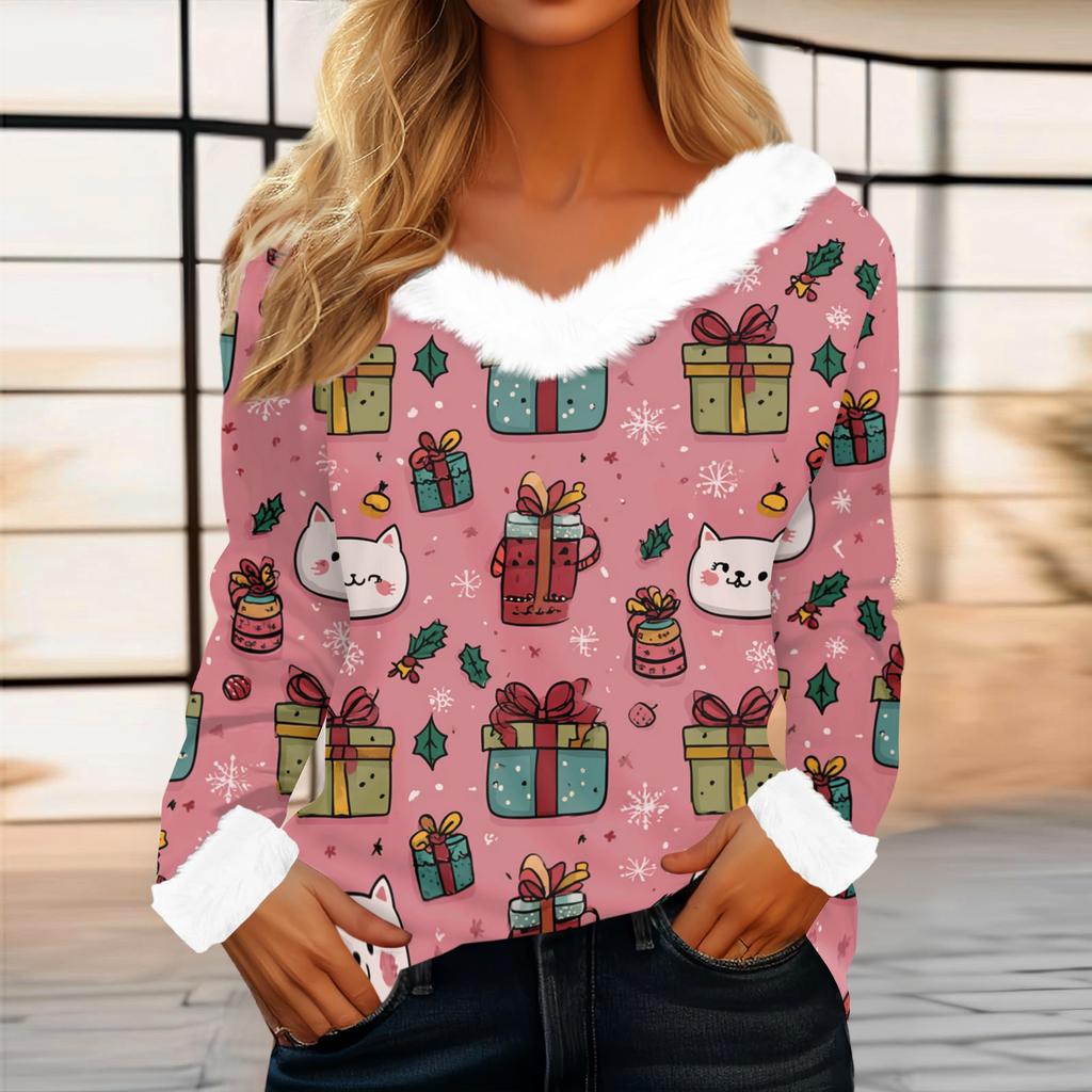 Women's Casual Fashion Long Sleeve Christmas Printed Flannel Collar Top