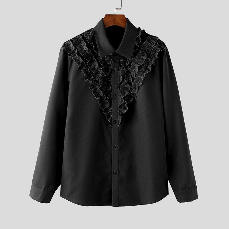 

INCERUN Мужские элегантные рубашки с длинным рукавом и оборками, повседневные топы в стиле пэчворк 4XL чёрный