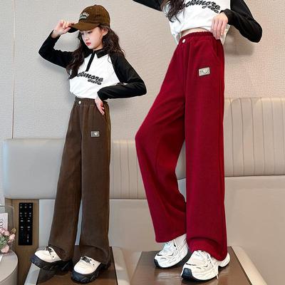 Girls' Casual Fleece-Lined Wide Leg Pants - Spring/Autumn, Primary Students