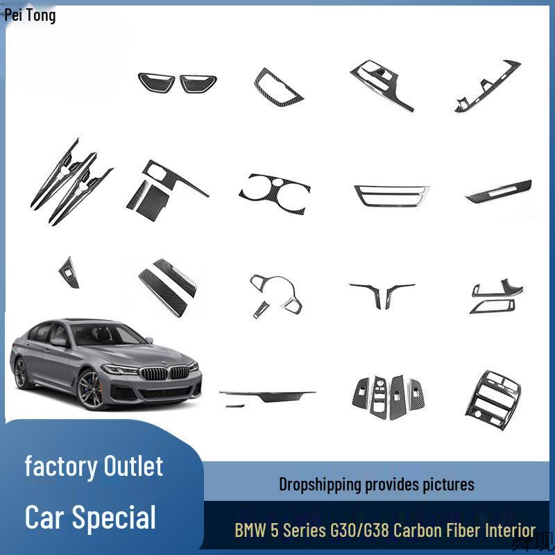 Carbon Fiber Interior Trim Set for BMW 5 Series: Center Console, Gear Shift, Multimedia Lift Panel, and Air Vents.