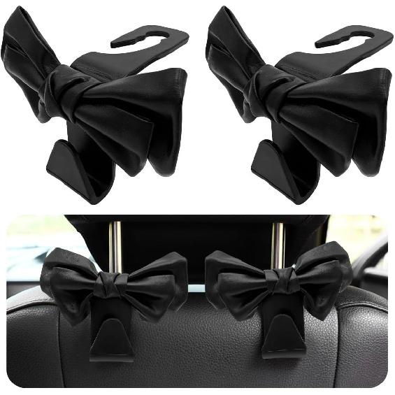 2 PCS Car Seat Headrest Hooks, Cute Bow Shaped Vehicle Backseat Storage Hooks, Leather Bow Shaped Sturdy Car Seat Back Hooks For