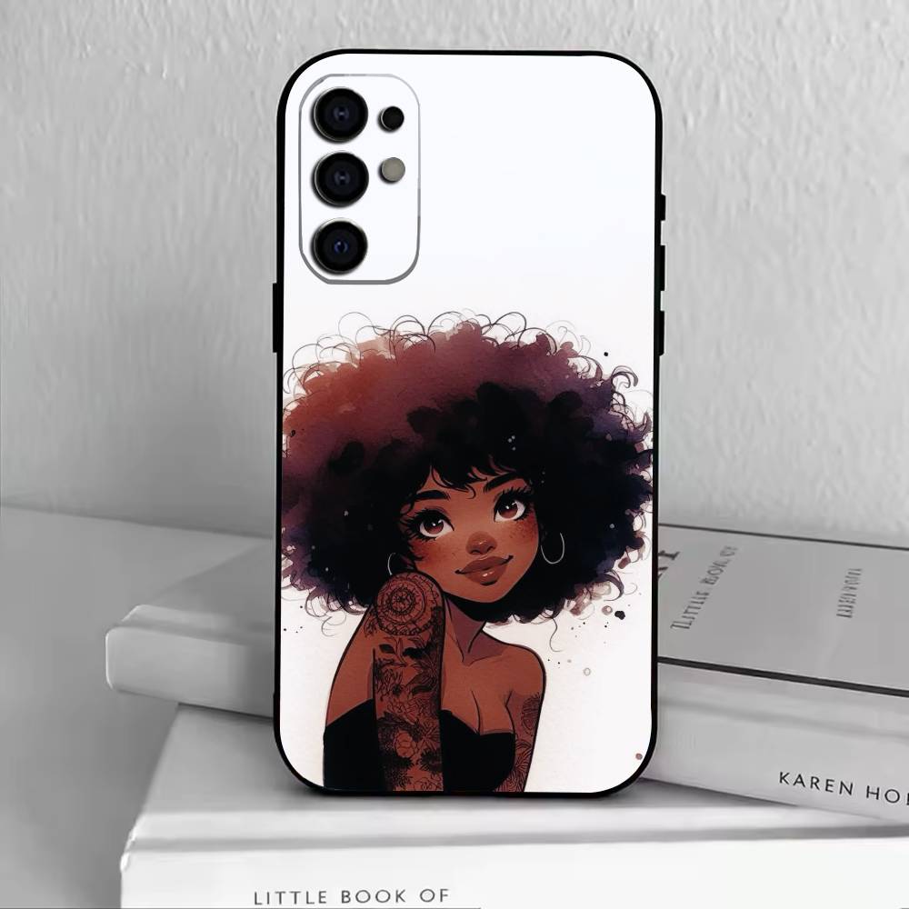 Cartoon Black Girl A-Afro Phone Case Black Silicone Soft For Samsung S25,S24,S21,S22,S23,S30,Ultra,S20,Plus,Fe,Lite