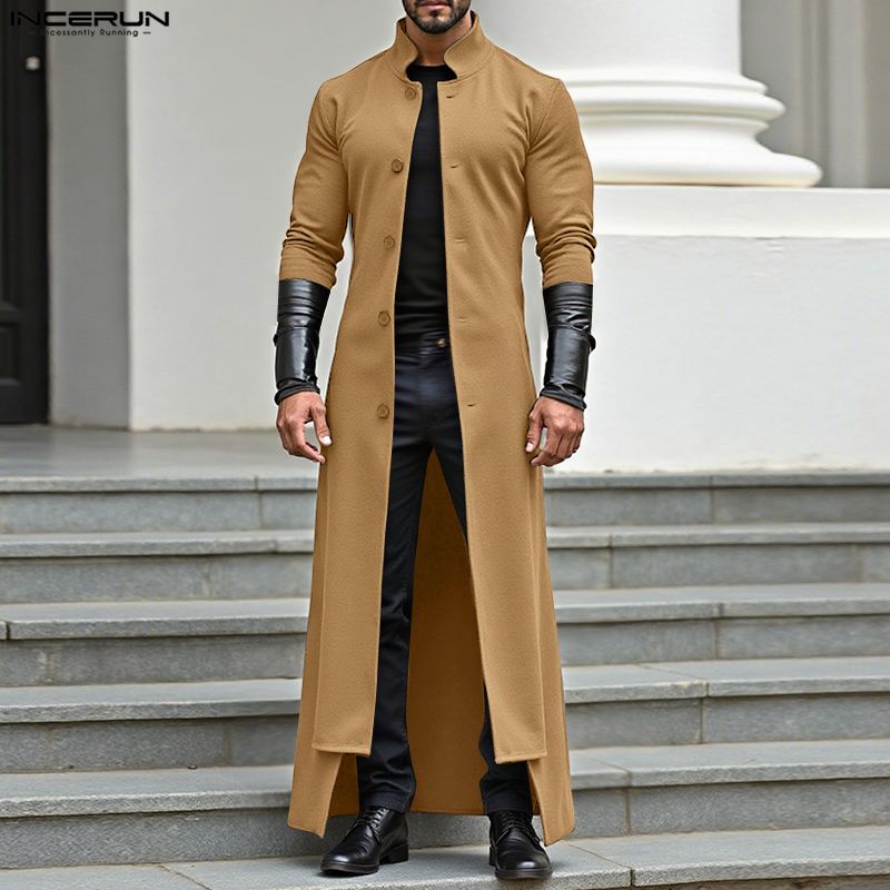 INCERUN Men Stand Neck Patchwork Long Sleeve Buttons High Splits Long Cardigan Coats