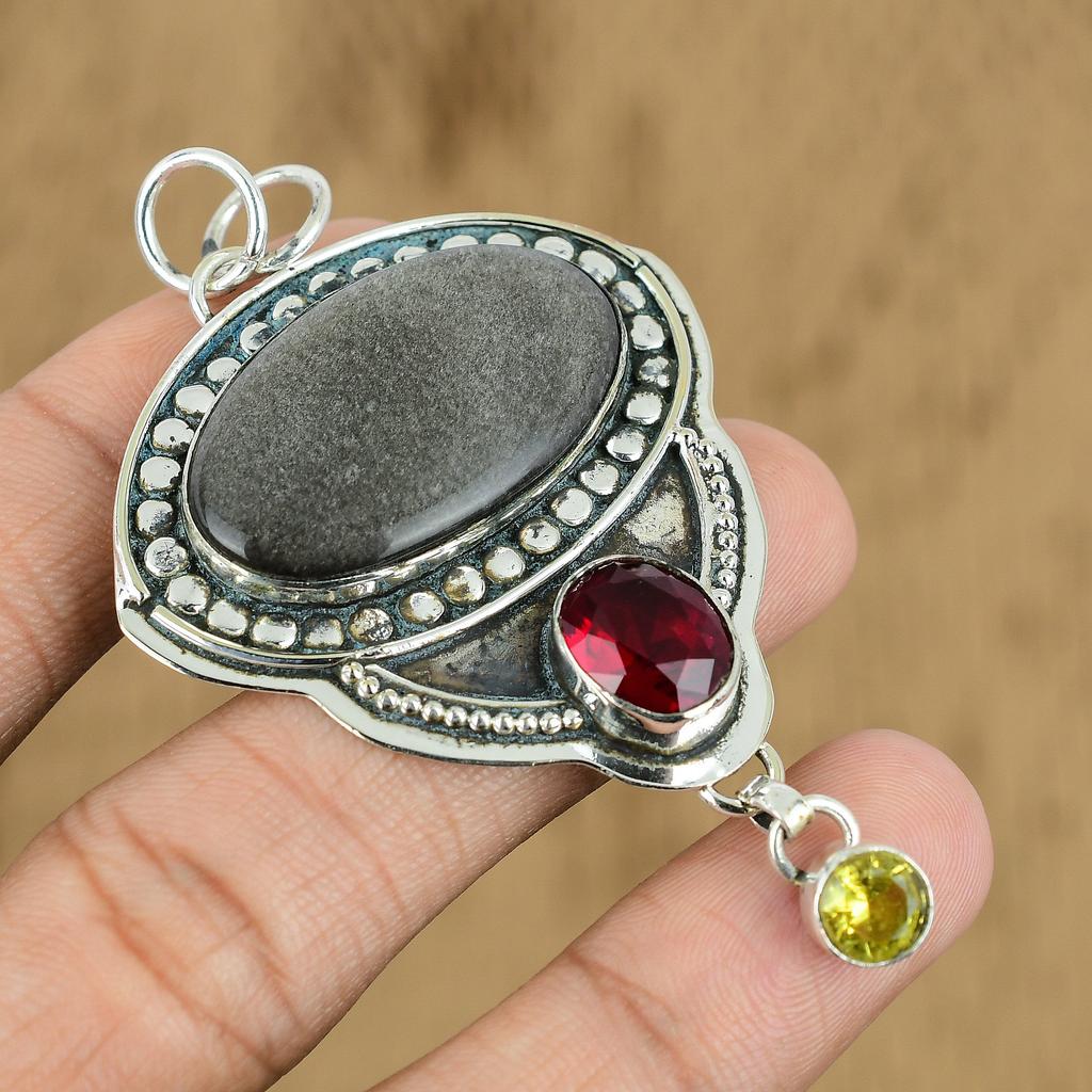 Anniversary Gift For Her Natural Silver Sheen Obsidian Pendant 925 Silver