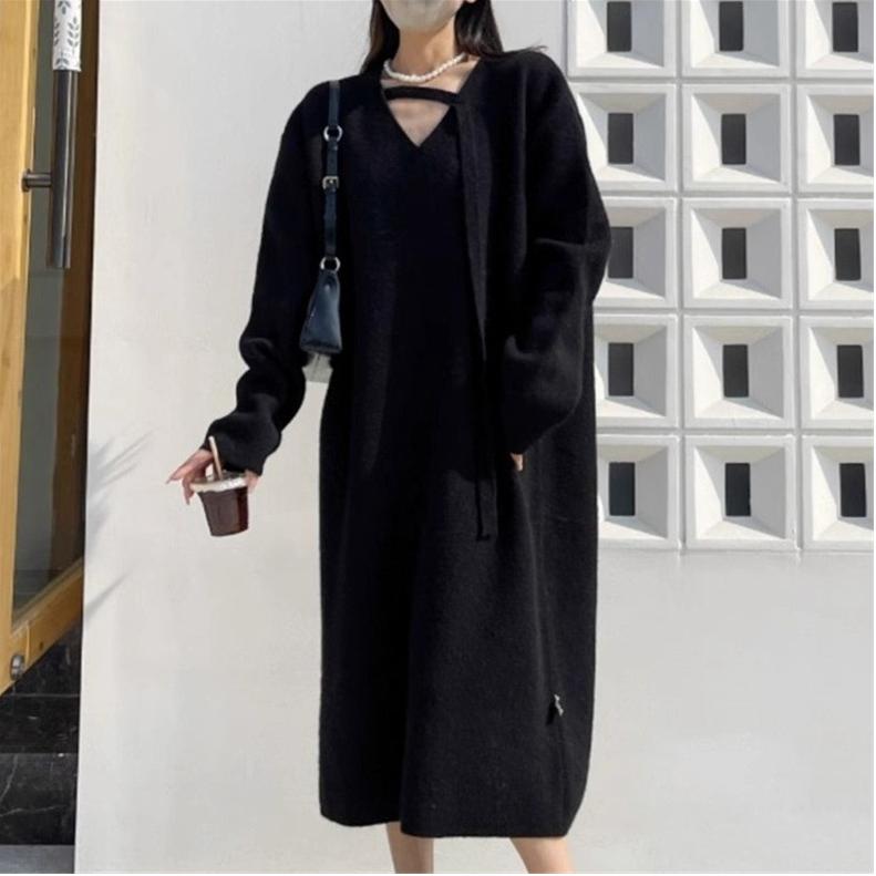 French Knitted Dress Is Thin In Autumn and Winter, with A Long Soft Waxy V-neck Sweater Skirt Jacket with A Base Inside The Waist