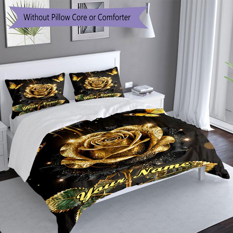 3PC Custom Name Golden Rose Elegance Bedding Set Duvet Cover Closure Includes 1 Duvet Cover & 2 Pillowcases for Bedroom