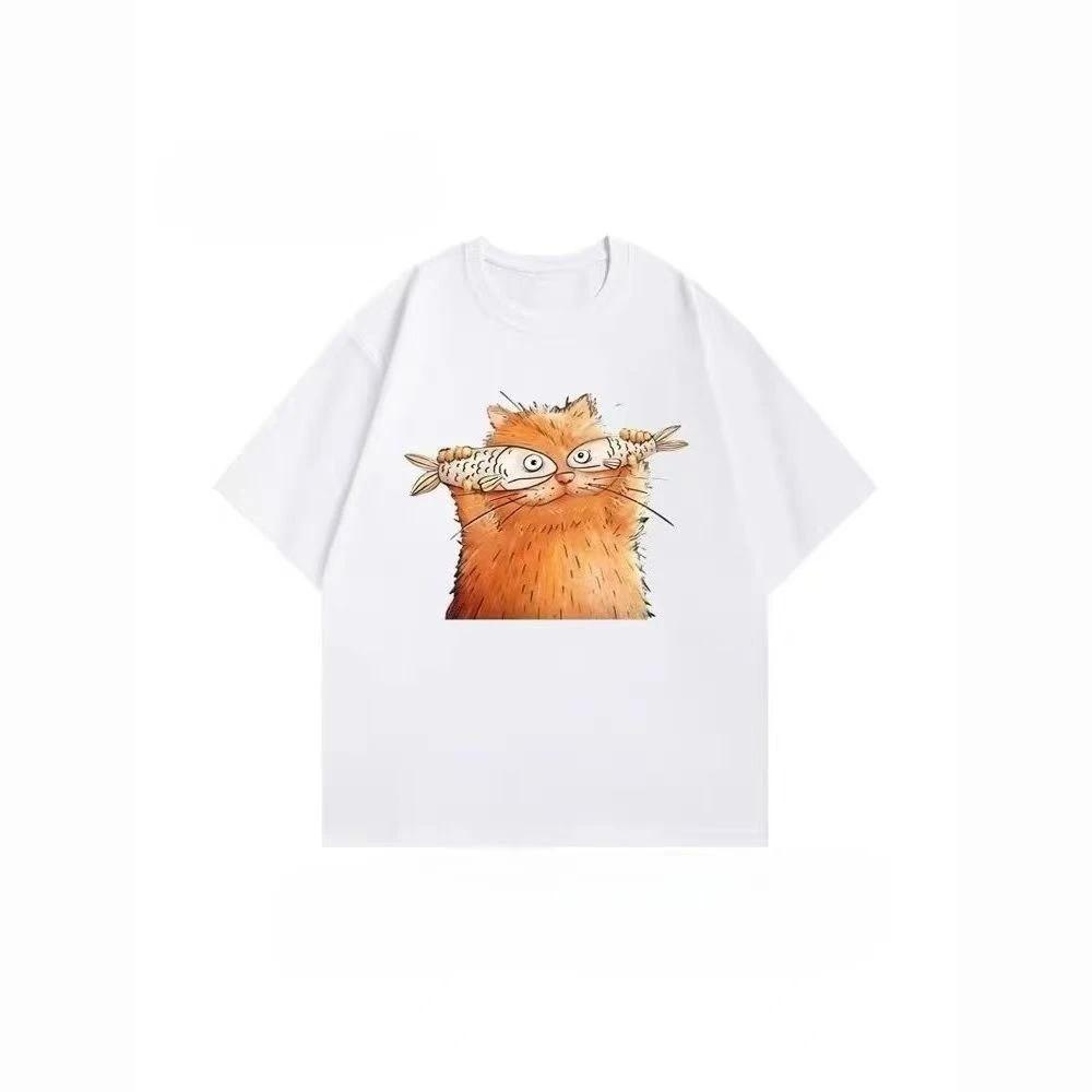 Fashionable pattern Tshirt  100 cotton simple mens clothing with interesting cat pattern print versatile Tshirt S