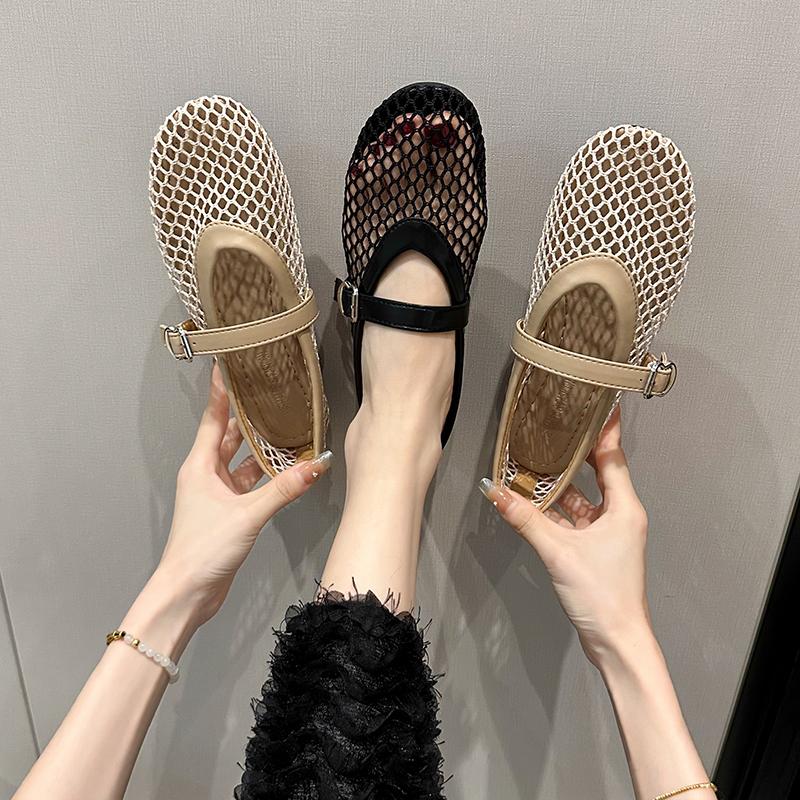 Fashion 2025 New Women's Flat Ballet Shoes Breathable Mesh Hollow out Slip-On Casual round Toe Rubber Sole Low Heel Single Shoes