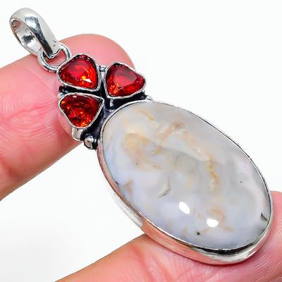 Natural Ocean Jasper, Garnet Gemstone 925 Sterling Silver Pendant 2.21" C1t38