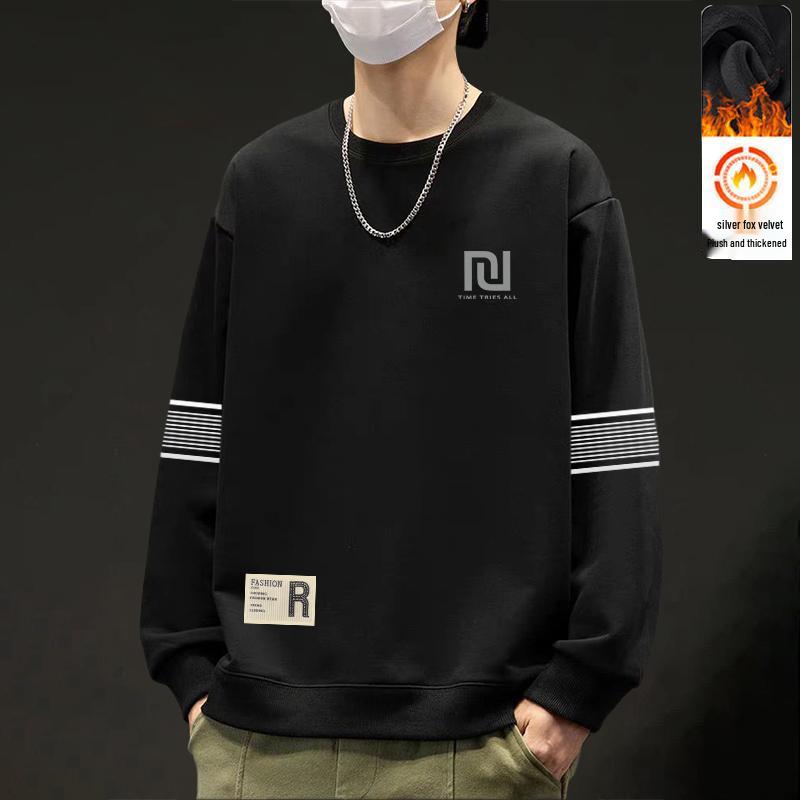 

Men s Fleece-Lined Crew Neck Sweatshirt - Trendy, Versatile, Loose Long Sleeve for Autumn & Winter, Unisex Couple & Student Top. XL (115-130 lbs)