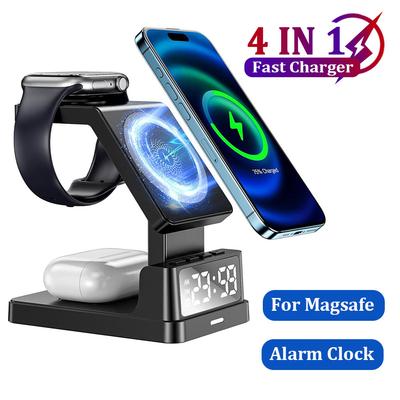4-in-1 Magnetic Wireless Charger For Magsafe iPhone 16 15 14 13 12  Watch  AirPods Pro  Alarm Clock Fast Charging Station