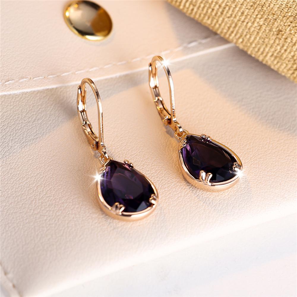 Charm Female Purple Water Drop Zircon Stone Hoop Earrings Gold Color Simple Wedding For Women