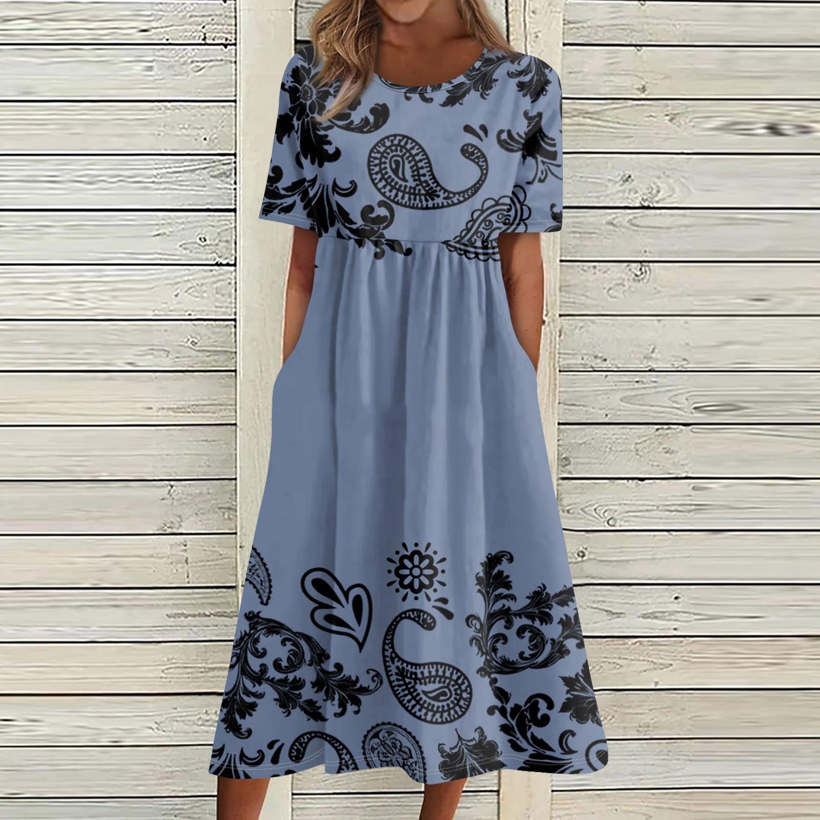 

Летнее платье для женщин, повседневное пляжное свободное платье с короткими рукавами и принтом L синий