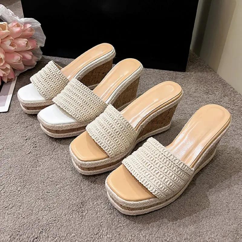 Fashion Eilyken New Summer Design Weave Square Toe Platform Wedge Heels Slippers Woman Fashion Slide Shoes Zapatos De Mujer