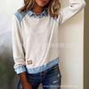 Felpa da Donna con Scollo a Revers Manica Lunga Vestibilità Larga Streetwear Patchwork a Blocchi di Colore Top a Pullover