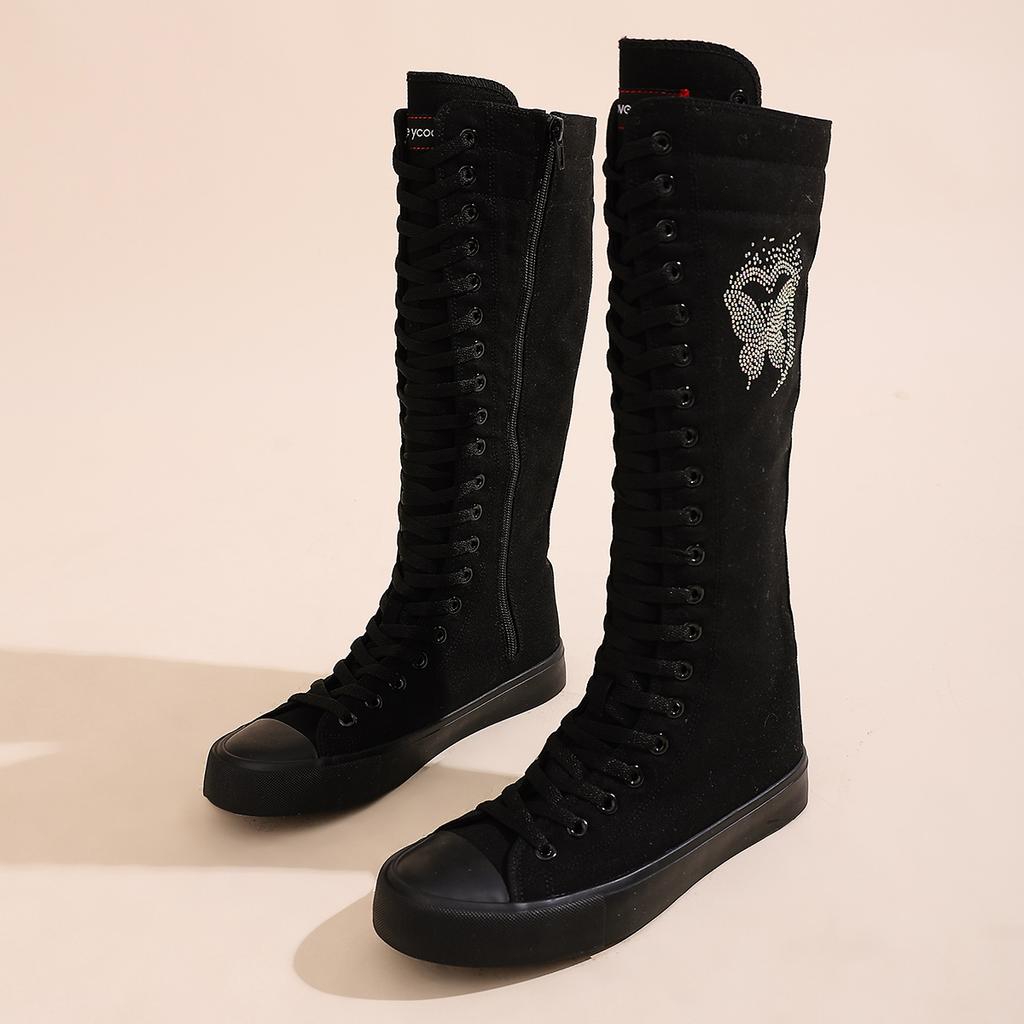 Women's long ankle boots, girls' fashionable and comfortable high-calf canvas boots, suitable for attending parties and daily outings