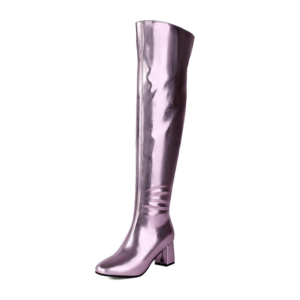 Metallic Gold Silver Thigh High Long Boots Women's Patent Leather Over the Knee High Boots Chunky Heels Shoes