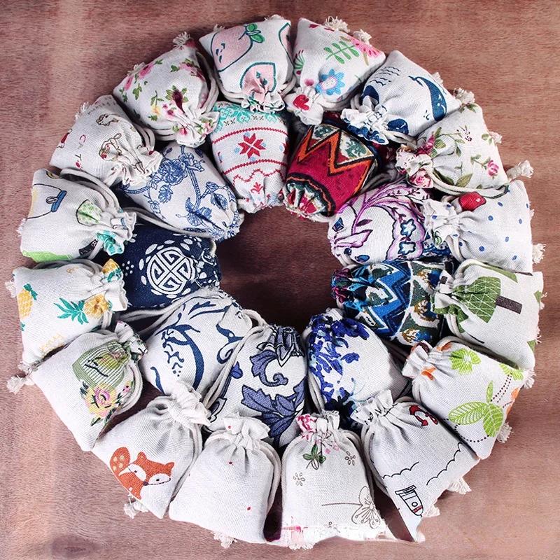 10pcs/lot Linen Drawstring pocket Cute Pattern Printed DIY wedding Candy Storage Bag Travel Makeup Cloth Shoes Sundries Storage