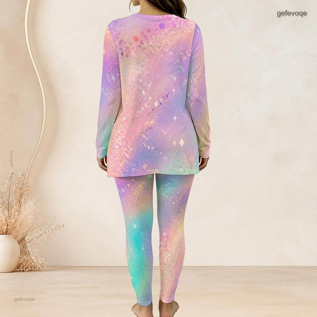 Women Plus Size Two Piece Set Round Neck Long Sleeve Colorful Printed Longline Top Fitted Pants