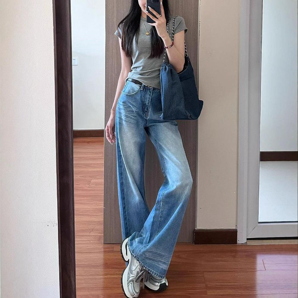 Large Size Do Old Crease Jeans Women Blue Straight Washed High Waist Drape Loose Skinny Wide Leg Dragging Trousers Jeans for Women Long Denim Pants
