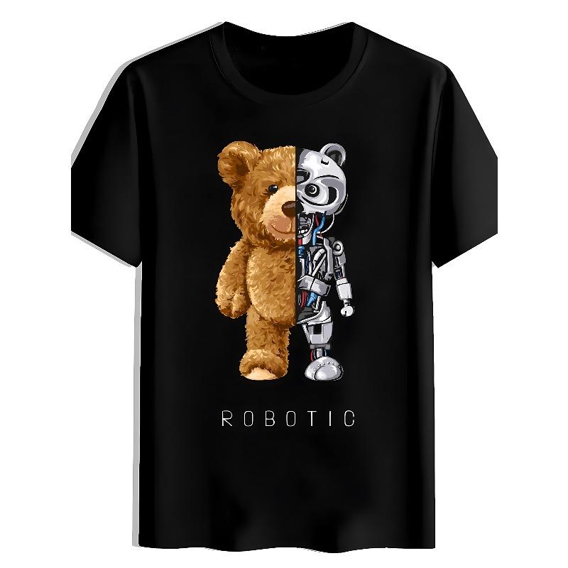 Men'S Cool Half Teddy Bear Half Robot Graphic T-Shirt Crew Neck Tee with Robotic Text Print Casual Streetwear Top for Tech And Toy Lovers Black