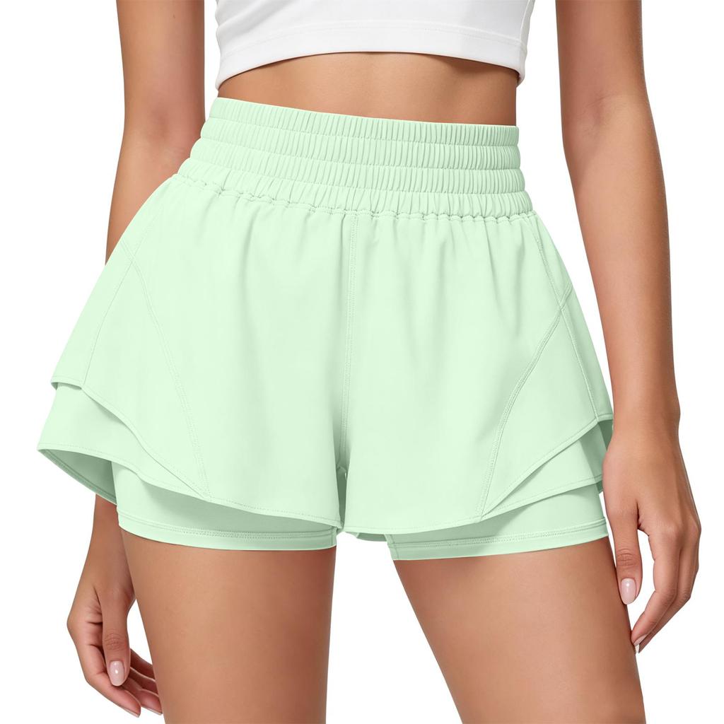 Hohe zweiseitige Sportshorts für Damen Dehnbar Schnelltrocknend Laufen Workout Yoga Skorts mit breitem Bund