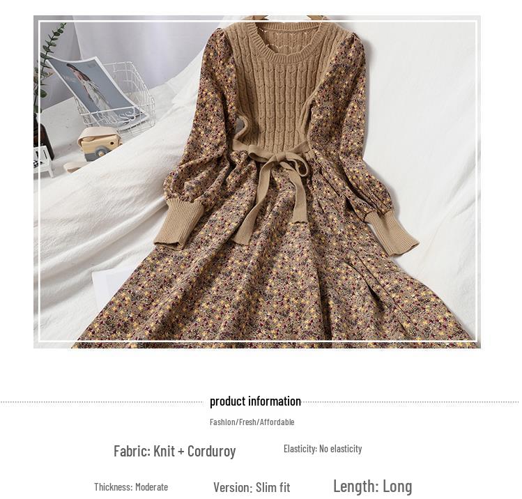 Trendy Autumn/Winter Korean Style Slimming Patchwork Tie-Up Knit Long Dress with Corduroy Floral Print
