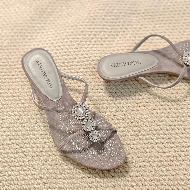 Women Slippers Crystal Cross-tied Slippers Sexy Low-heeled Sandals Flip-flops Clip-toe Fashion Outdoor Shoes Summer Slides Women