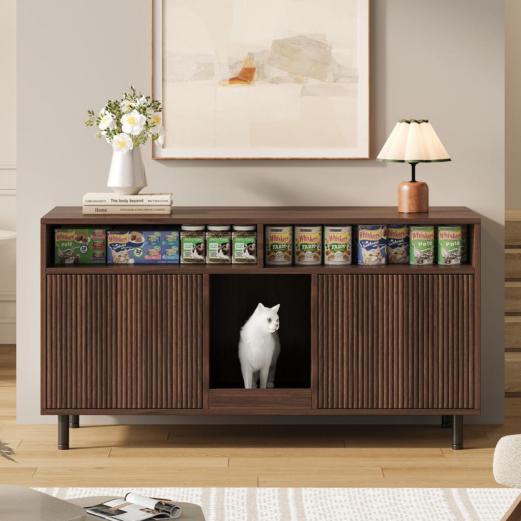 Mobile per Lettiere per Gatti con Tappetino Raccogli Sabbia, Mobile per Animali Domestici con Ripiano, Credenza/Mobile TV per Animali Domestici, senza Vaschetta per Lettiera, 120x50x66cm, Colore Noce
