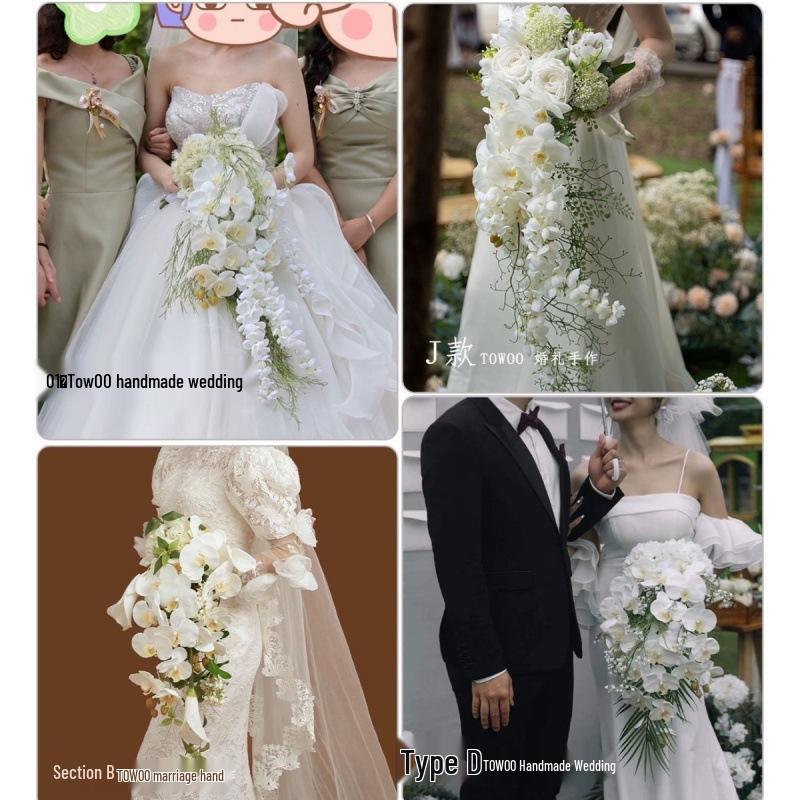 Eleganter weißer Kaskadenstrauß: Phalaenopsis & Calla-Lilie Kunstblumen für Hochzeitsfotografie