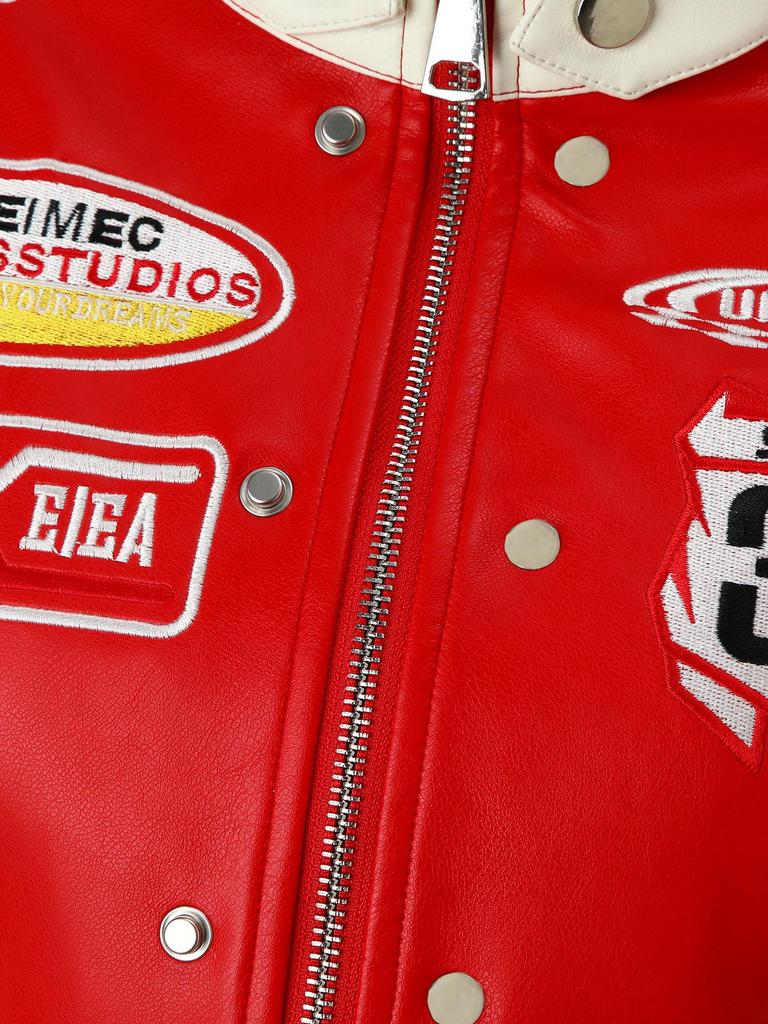 Damen PU-Leder Colorblock Motorradjacke mit gesticktem Abzeichen und Stehkragen