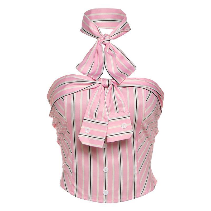 

# Sisjuly# Европейский и американский сексуальный стиль, полосатый дизайн на пуговицах, декор с бантом на шее, облегающий топ-труба для женщин, лето Pink L