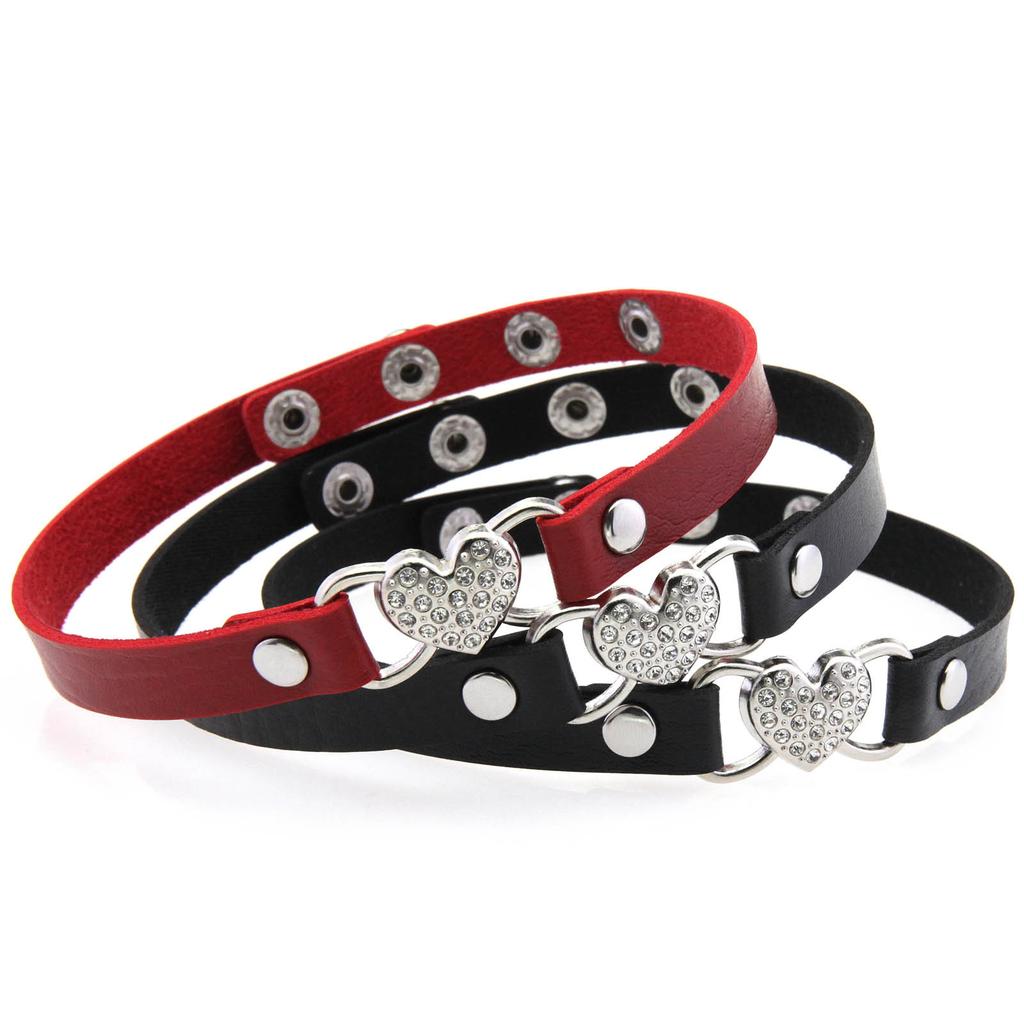 Rhinestone Heart Leather Choker, Minimal Elegant Sparkly Heart Clavicle Necklace