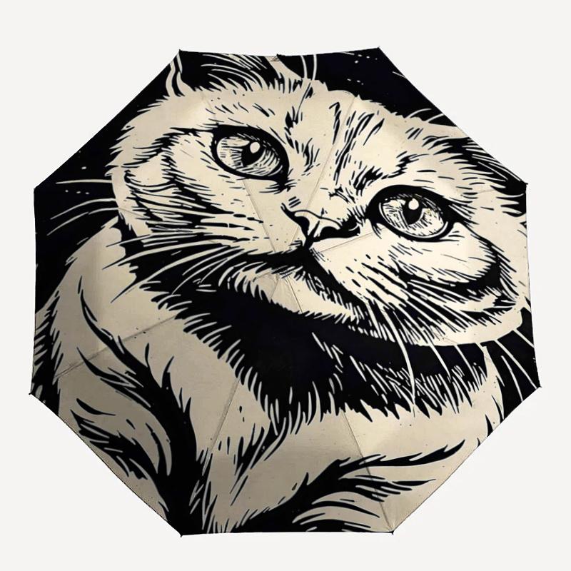 1pc Curious Cat Automatic Opening and Closing Umbrella, Lightweight 3-Fold, With Cute Cartoon Characters, Suitable for Home, Outdoor and Daily Use, Li