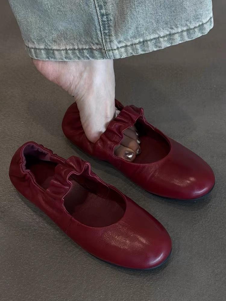 Retro Pleated Word with Flat-soled Ballet Shoes Women's Round Head Soft Sole Comfortable Shallow Mouth Mary Jane Single Shoes
