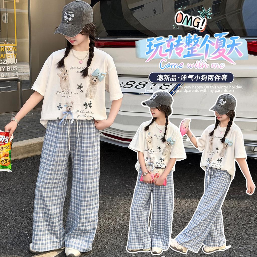 Girls' short sleeved T-shirt and long pants set for summer 2026, new trendy children's fashion, girls' checkered pants for summer wear