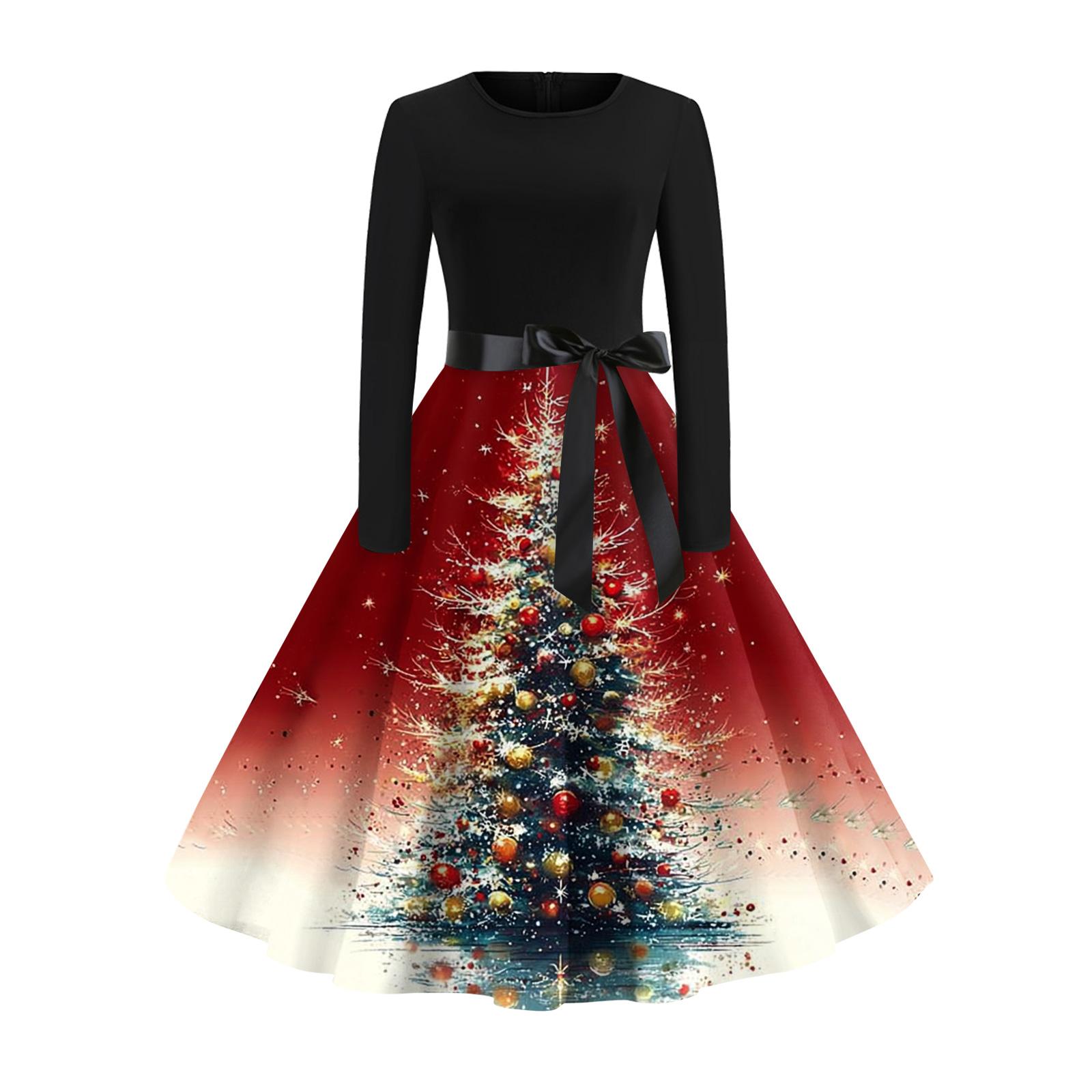 

Женское модное и элегантное платье с длинными рукавами и принтом рождественской елки для осени и зимы XXL киноварь