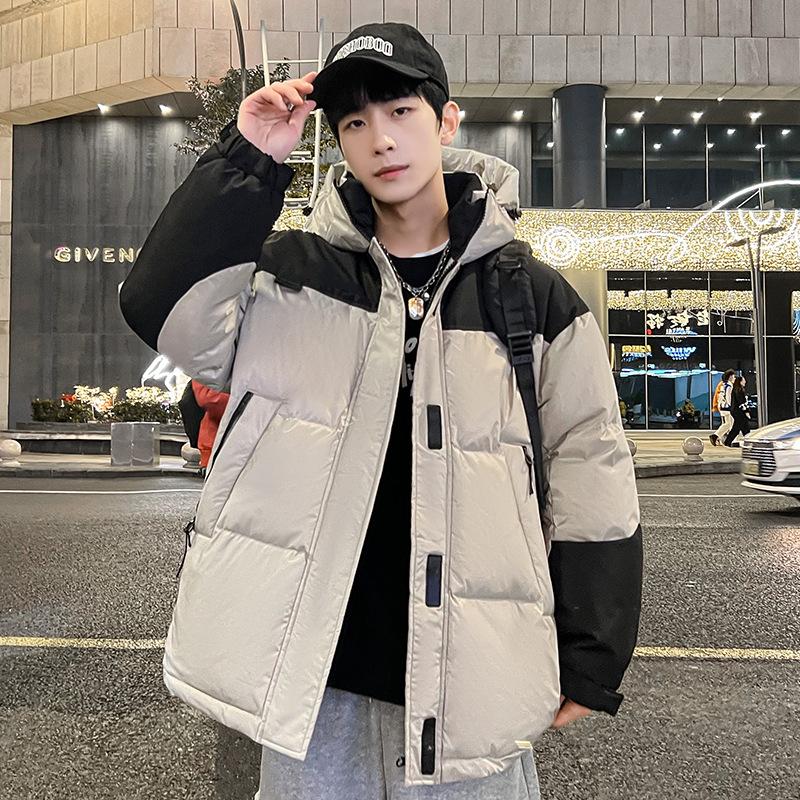 New Men's Down Jacket Short Hooded Splicing Trendy Loose Couple Thick Winter