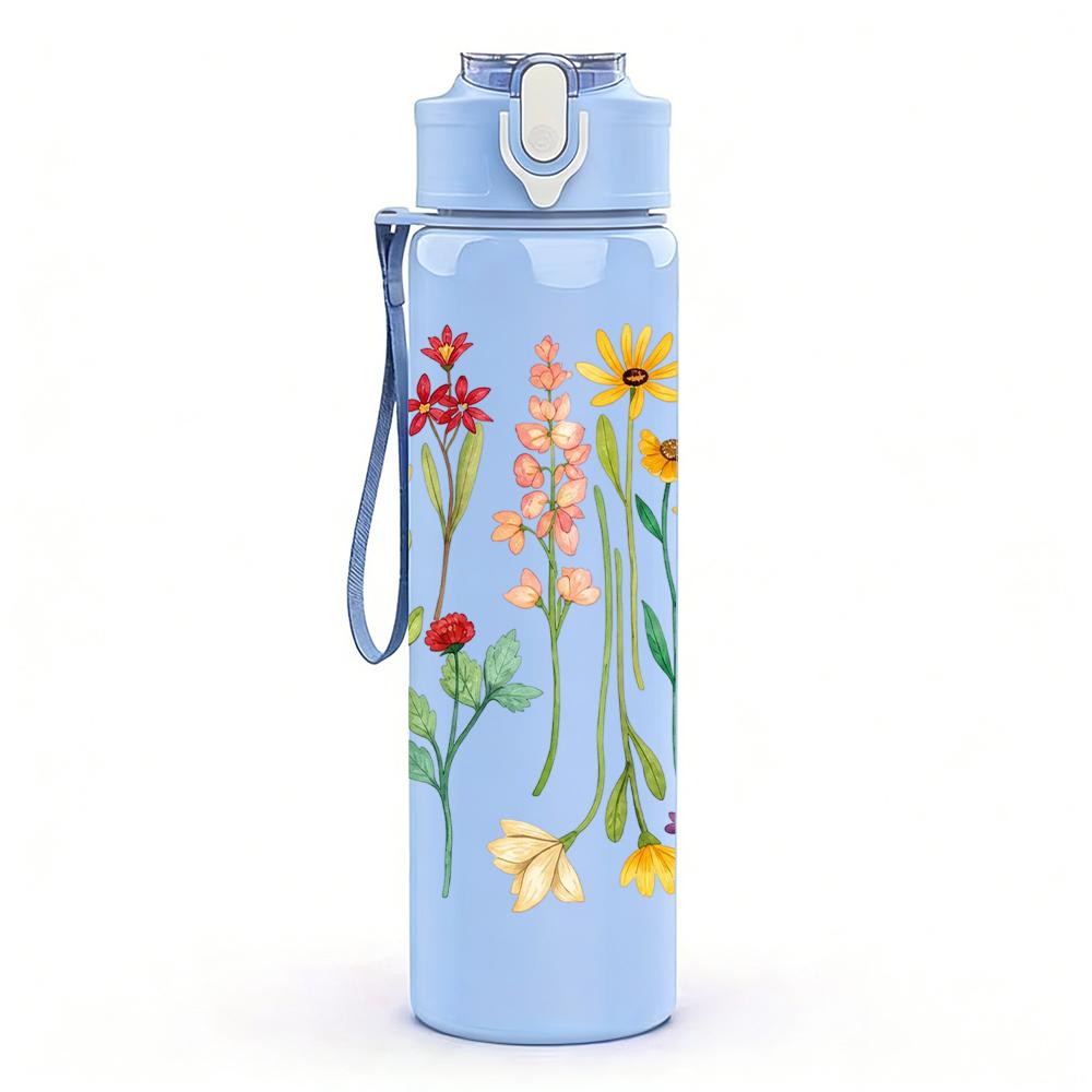 1PC Wildflower Meadow 750ml Color Plastic Sports Water Bottle Leakproof Flip Straw Lid Suitable for Sports Office Home Use