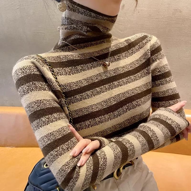 Women's Autumn/winter Turtleneck Sweater Sweater Top with Striped Pullover with Long Sleeves and Bottom