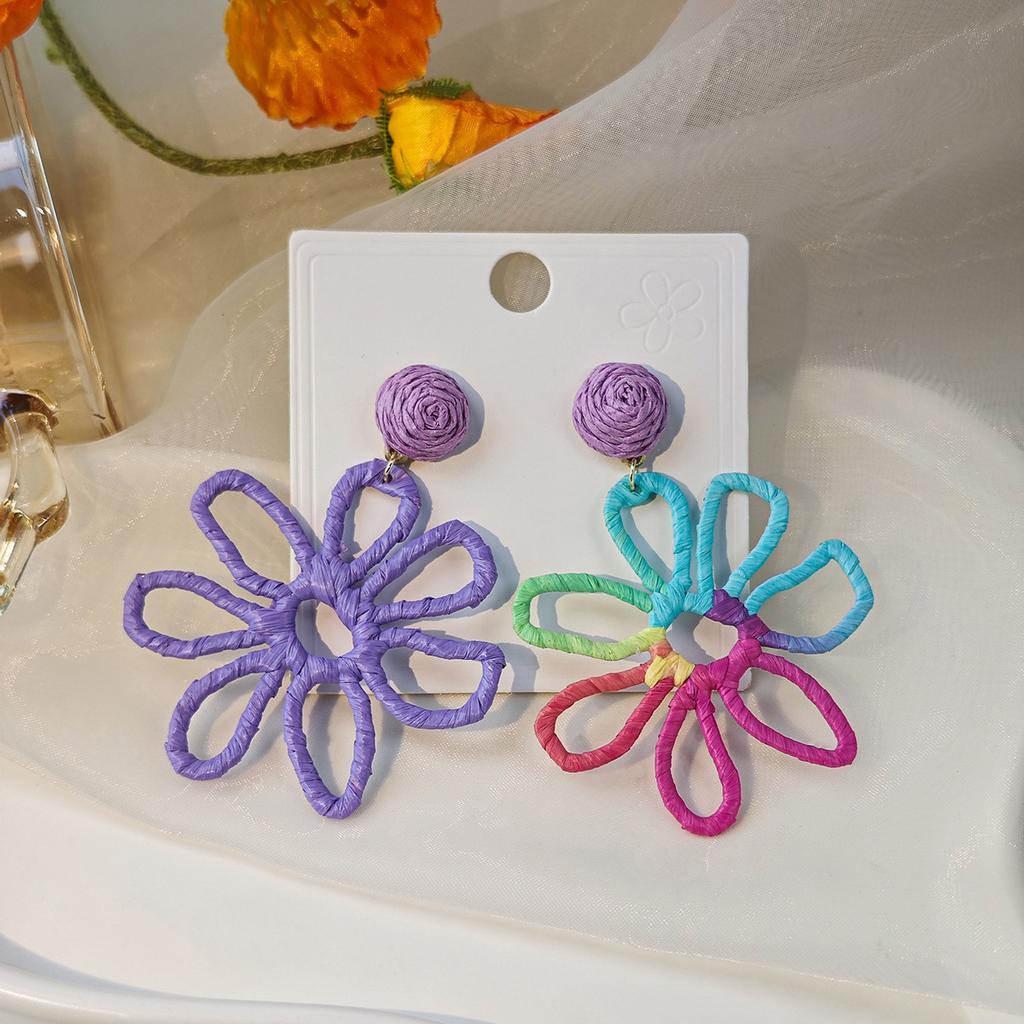 Straw Exaggerated Dopamine Flower Hand-Woven Earrings Holiday Seaside Fresh Fashion Ear Jewelry