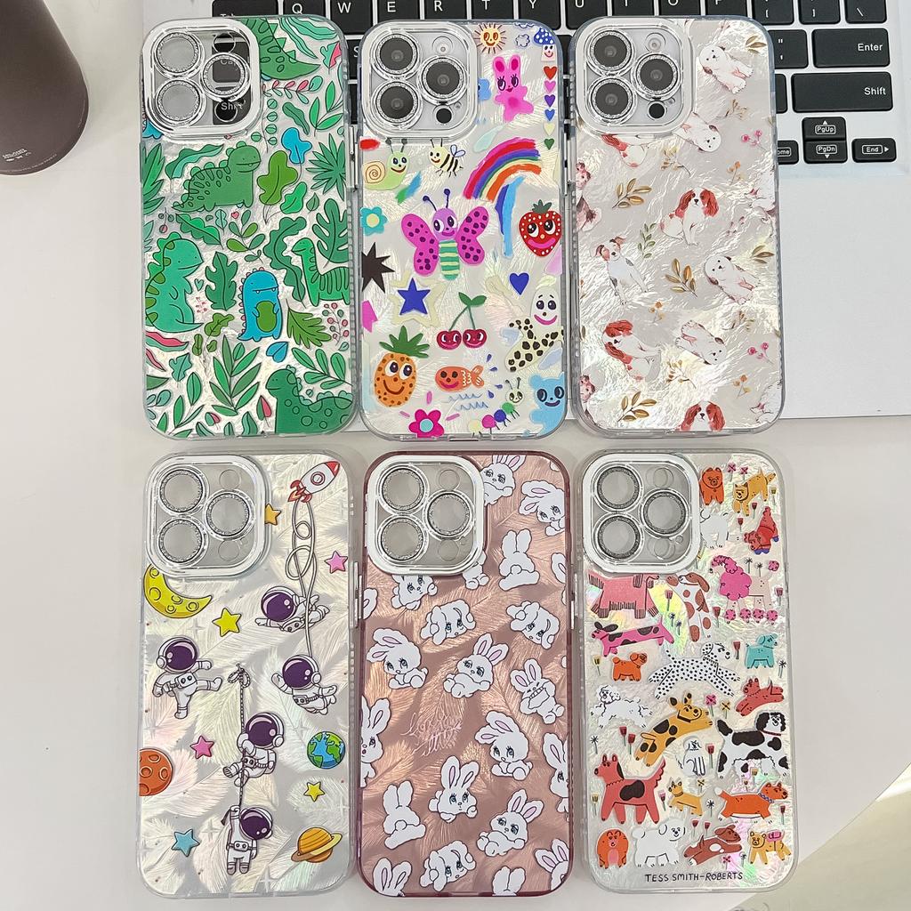 For iPhone 15 Pro Max Case IMD Cartoon PC+TPU Protective Mobile Cover with Glass Lens Film