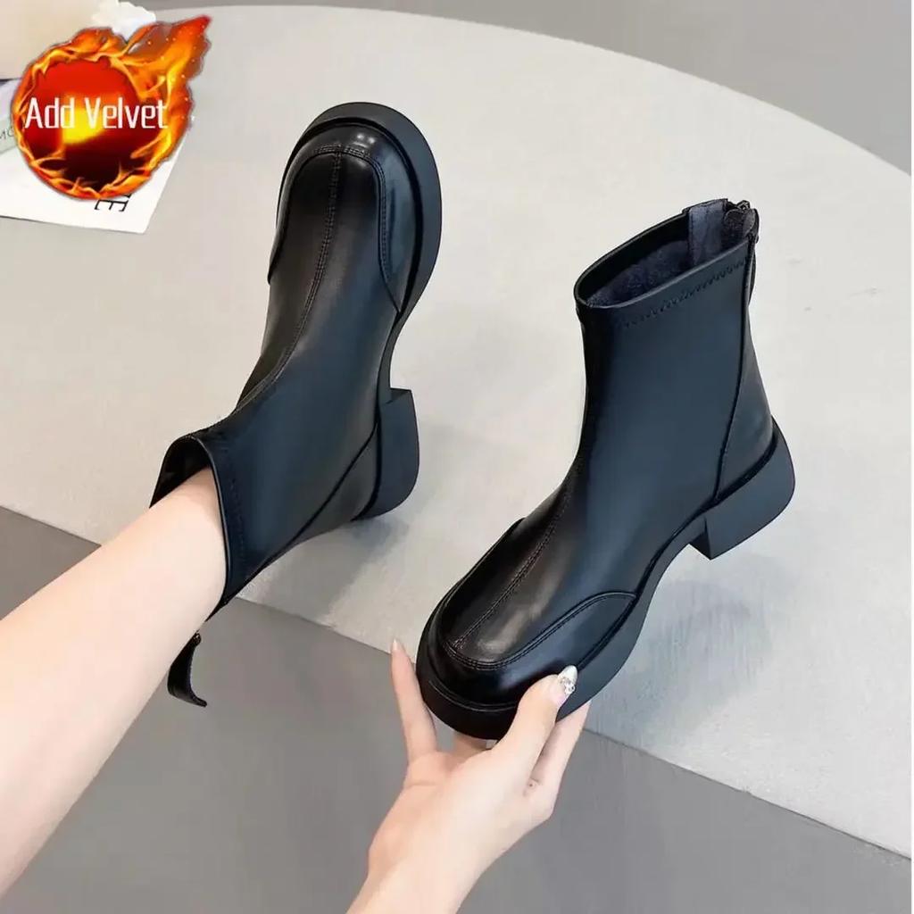 Female Short Shoes Elegant With Medium Heels Round Toe Waterproof Booties Designer Luxury Boot New In Chic Women's Ankle Boots