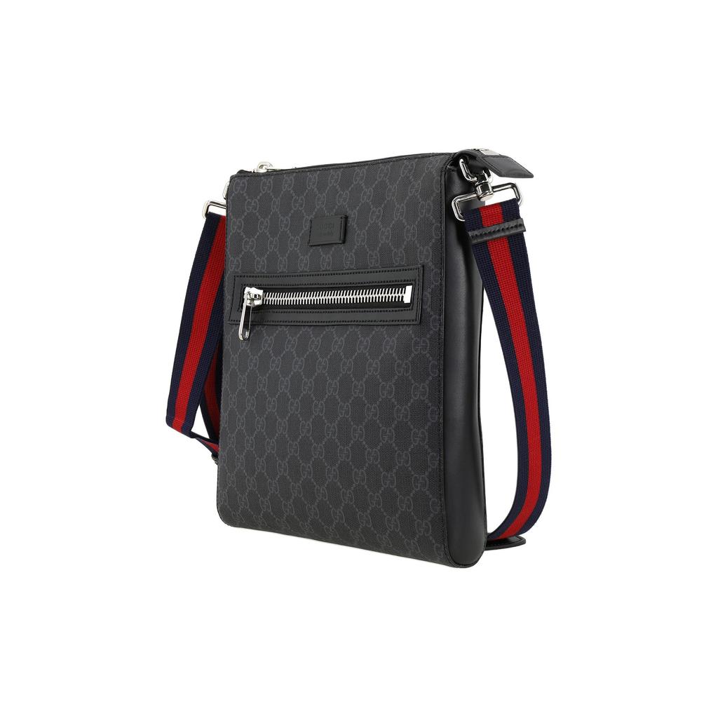 Gucci GG Embossed Logo Leather Stripe Web Shoulder Bag Men Messenger Bag Black Gray 474137-K5RLN-1095