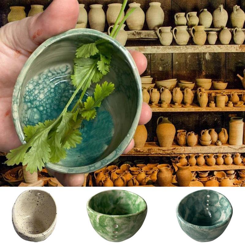 Ceramic Stripper Bowl Leafy Vegetable Stripping Tool Herbal Leafy Greens Leaves Removal Bowl with 4 Holes for Kale and Chard