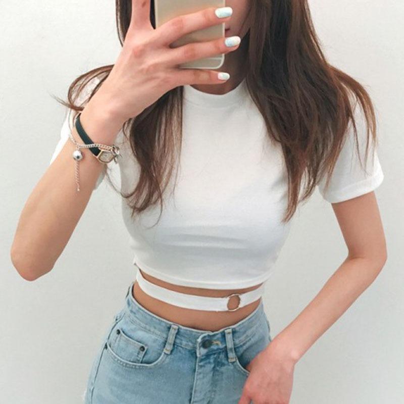 

Женский топ с коротким рукавом и декором из металлического кольца, укороченный топ с круглым вырезом One Size