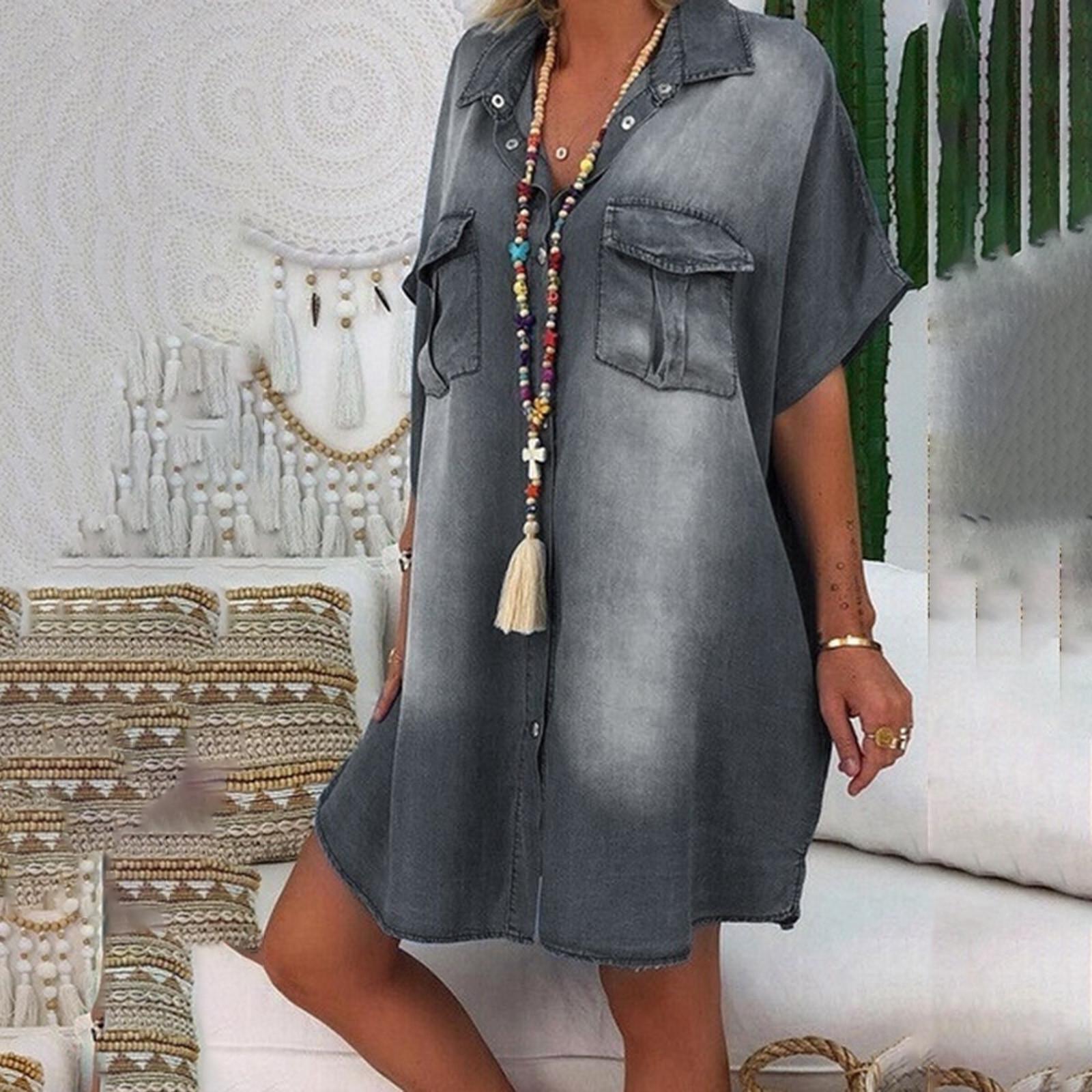 

Женское модное повседневное сплошное однобортное однобортное платье-рубашка с короткими рукавами и карманами XL серый