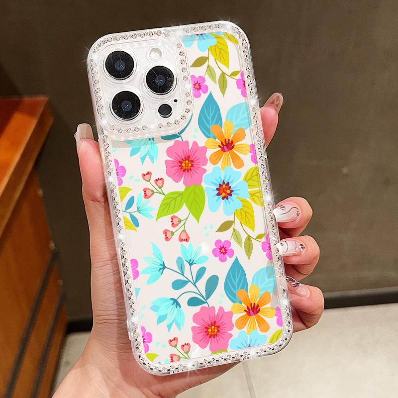 Crystal Diamond Clear Case For iPhone 16 14 15 Pro Plus 13 12 Pro Max 11 16e Flowers Floral Patterned Soft TPU Phone Cover Coque