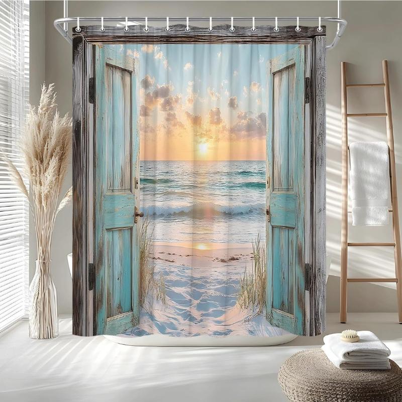 

Ocean Beach Teal Barn Door Shower Curtain Hawaiian Sunset Scenery Sea Wave Ocean Coastal Seaside Retro Wood Rustic Landscape W60H190(CM)-1 Pcs