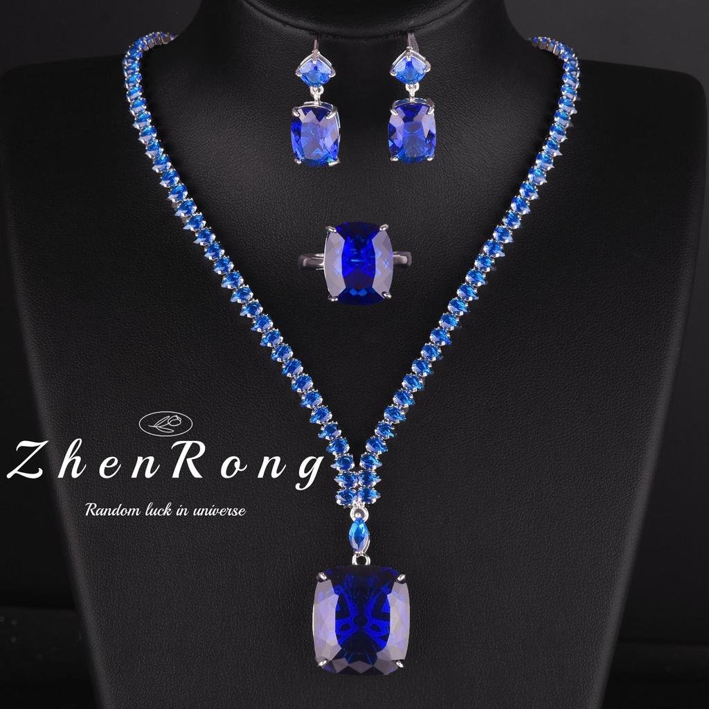 Conjunto Colar Topázio Água Marinha 20 Quilates, Anel Paraíba e Brincos Diamantes Azul Royal-Amarelo